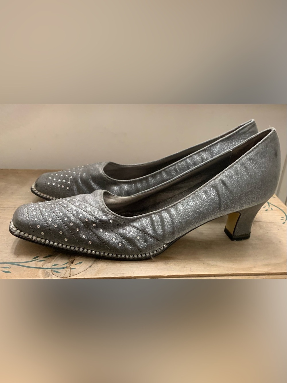 Valenti Franco Metallic Silver Quilted Low Heel Flats with Rhinestone Trim